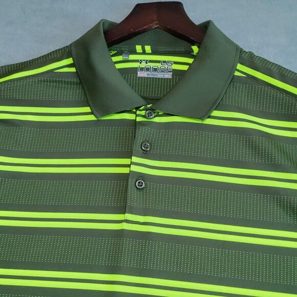 Under Armour Mens Polo Size Large Heat Gear Loose Green Striped Golf Casual NWOT - Picture 5 of 12